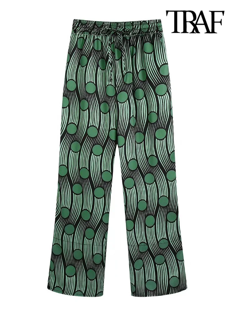 

TRAF Women Fashion Side Pockets Printed Flowing Trousers Vintage High Elastic Waist With Drawstring Female Pants Mujer