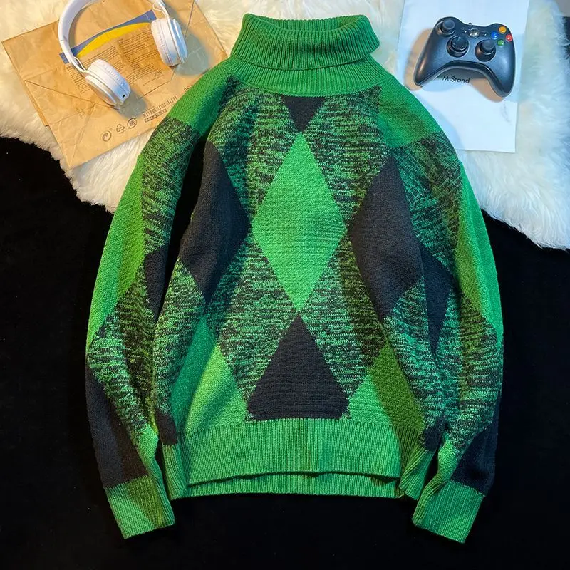 EBAIHUI Men's High Neck Sweater Loose Autumn Base Knitted Color Blocked Checkered Sweaters Long Sleeved Male's Pullover Tops