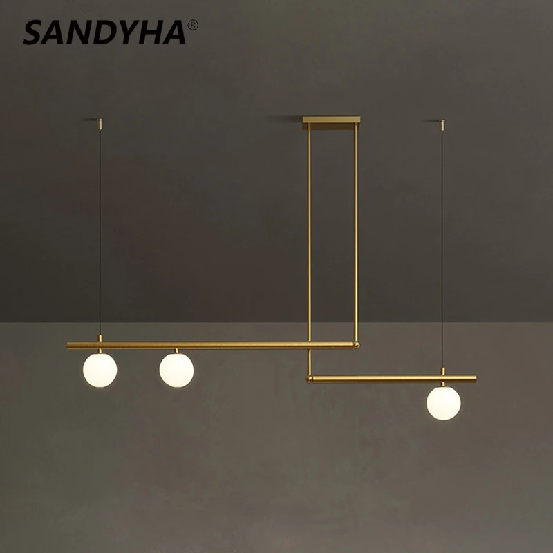 

SANDYHA Chandeliers Modern Minimalist Glass Ball Cross Bar Design Pendant Lights Home Decor Led Lamp for Dining Room Fixtures