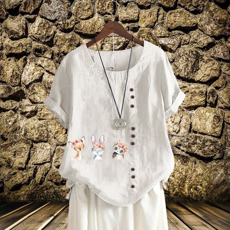 

Женская льняная блузка с коротким рукавом и круглым вырезом, свободного покроя