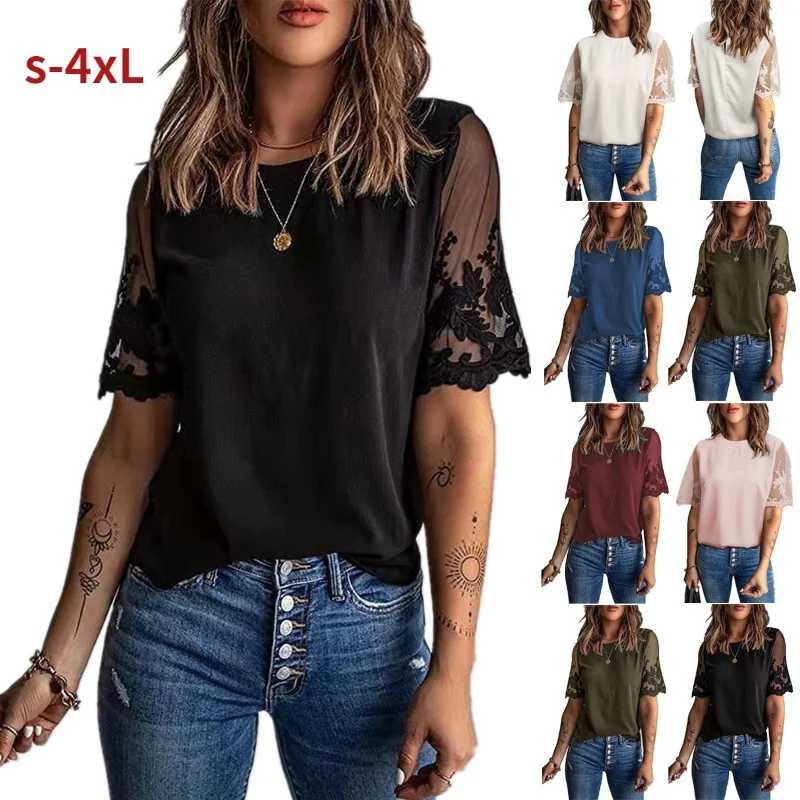 2022 Summer Ladies New Fashion Slim Fit Embroidered Top Round Neck Loose Solid Color Short Sleeve Shirt