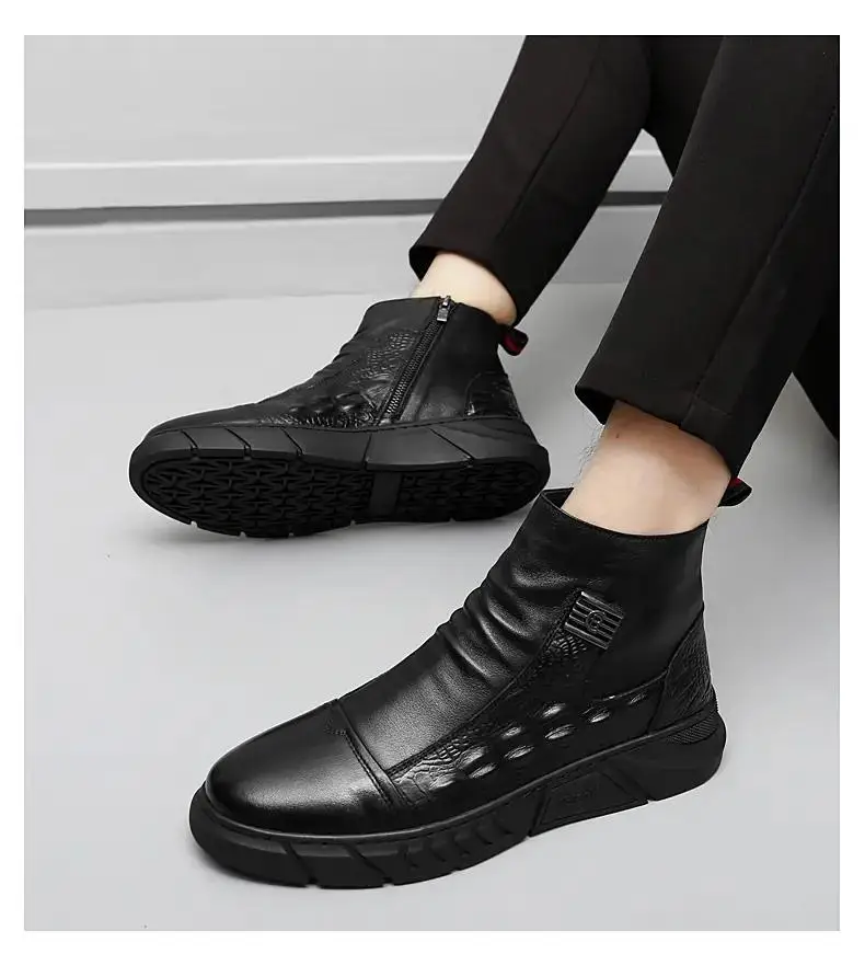 

Men's Autumn Winter Leather Casual Cotton Boots Thick Bottom High Top Non Slip Plush And Warm Zipper Style Casual Cotton Boots