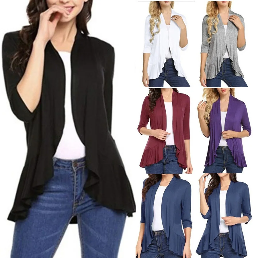 Women's Cardigan Spring Summer Autumn Clothing Solid Color Slim Top Ruffle Hem Three Quarter Sleeve Thin Simple Coat Black Blue