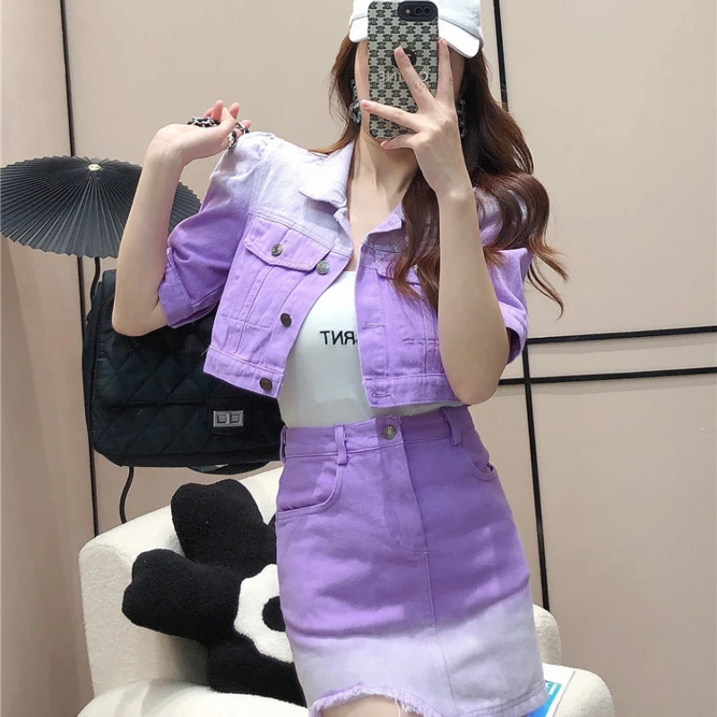 Женский джинсовый костюм из двух предметов модная яркая рубашка с градиентом