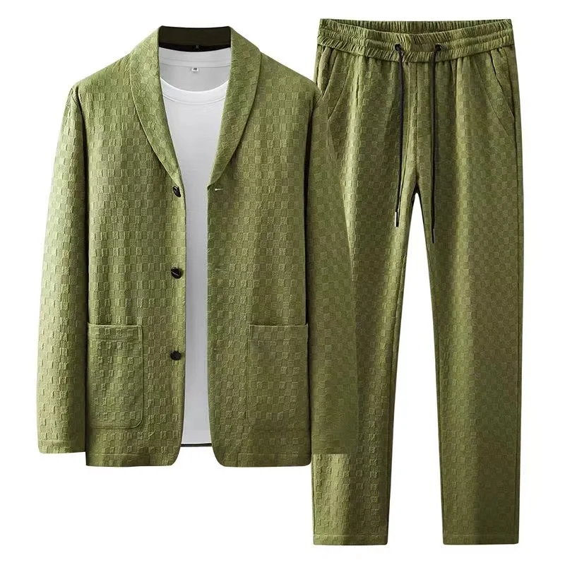 

Men Blazer Suit Long Sleeve Solid Waffler Pleats Jacket Drawstring Pants Casual Spring Summer Fashion Two-piece Set