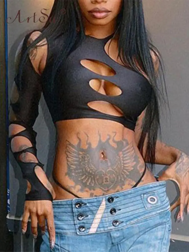 

Кроп-топ ArtSu с асимметричным вырезом, с открытыми плечами, обтягивающие сексуальные футболки с дырками, женская модная Клубная уличная одеж...