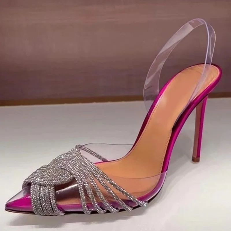 Sandalias transparentes de PVC para mujer, zapatos de tacón de aguja con punta de cristal cruzado, color azul púrpura, para banquete y boda
