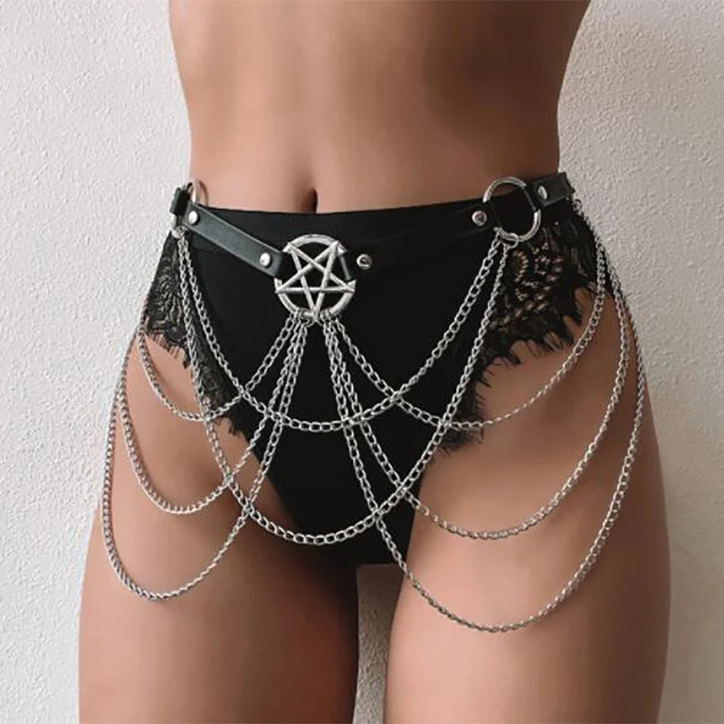 

Pentagram Punk Black Waist Chain Belt Tassel Leather Layered Belly Body Chains Rave Jewelry Accessories For Sexy Women And Girls
