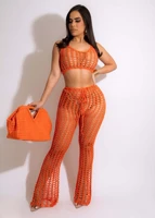mesh beach wear ladies crop tops sexy 2 piece trousers pant sets hollow out shirt long pants cover up matching set clothes