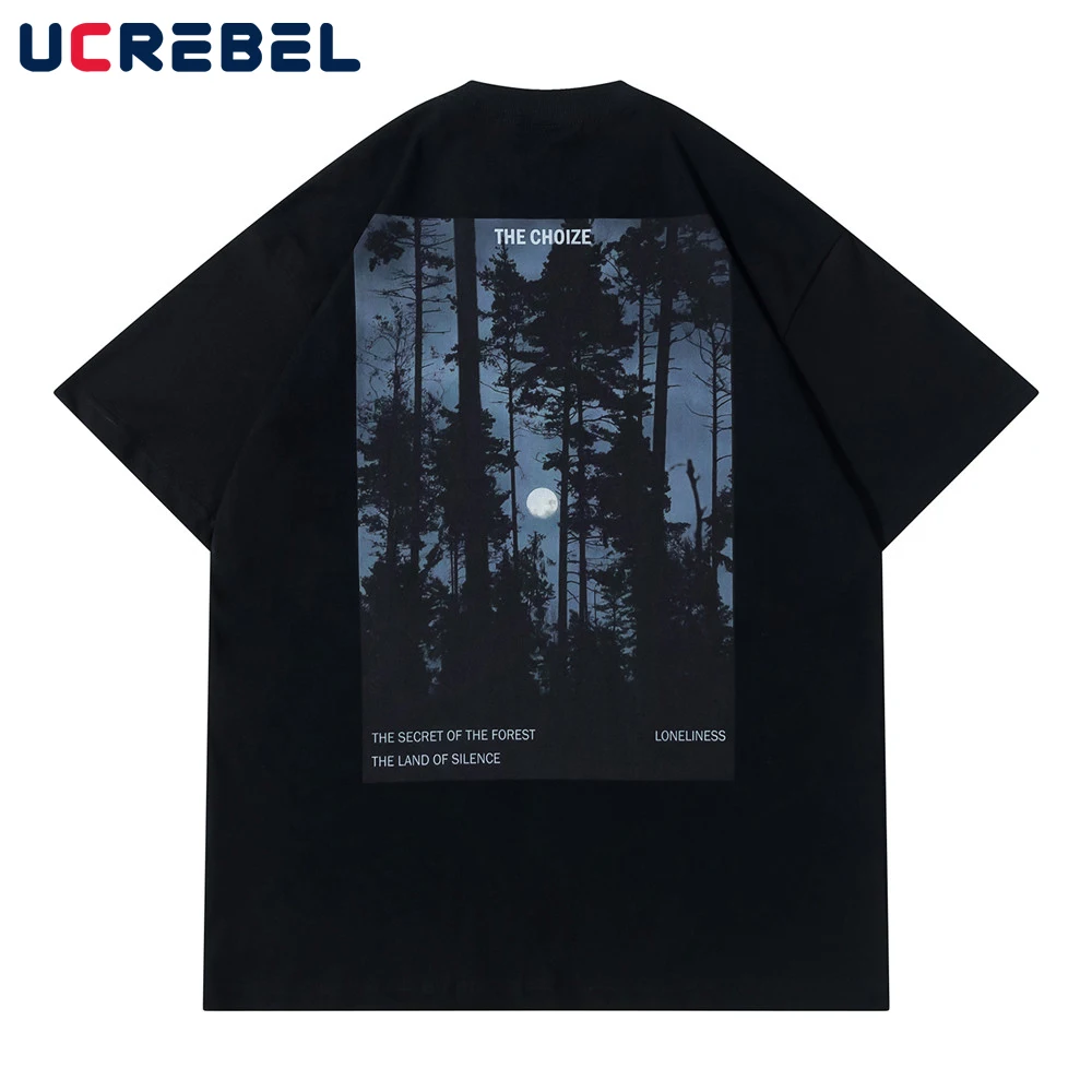 

Landscape Print Short Sleeve T-shirt Mens Summer High Street Cotton Tee Streetwear Casual Loose Half-Sleeve Men
