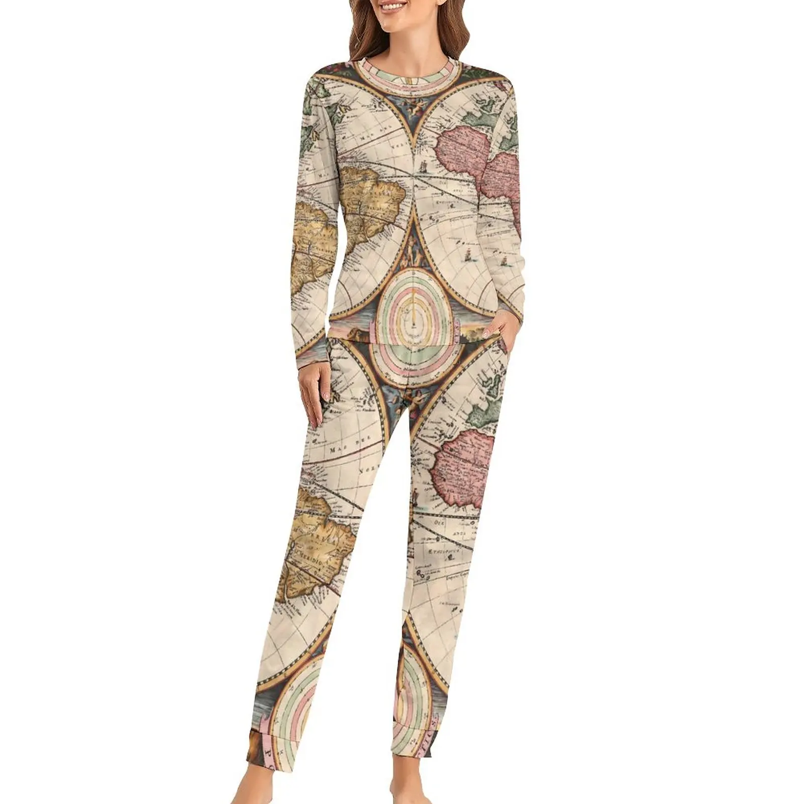 

Пижама с изображением карты мира с двумя полусферами, домашний костюм из двух предметов для сна, женская элегантная Ночная сорочка большого размера с длинным рукавом