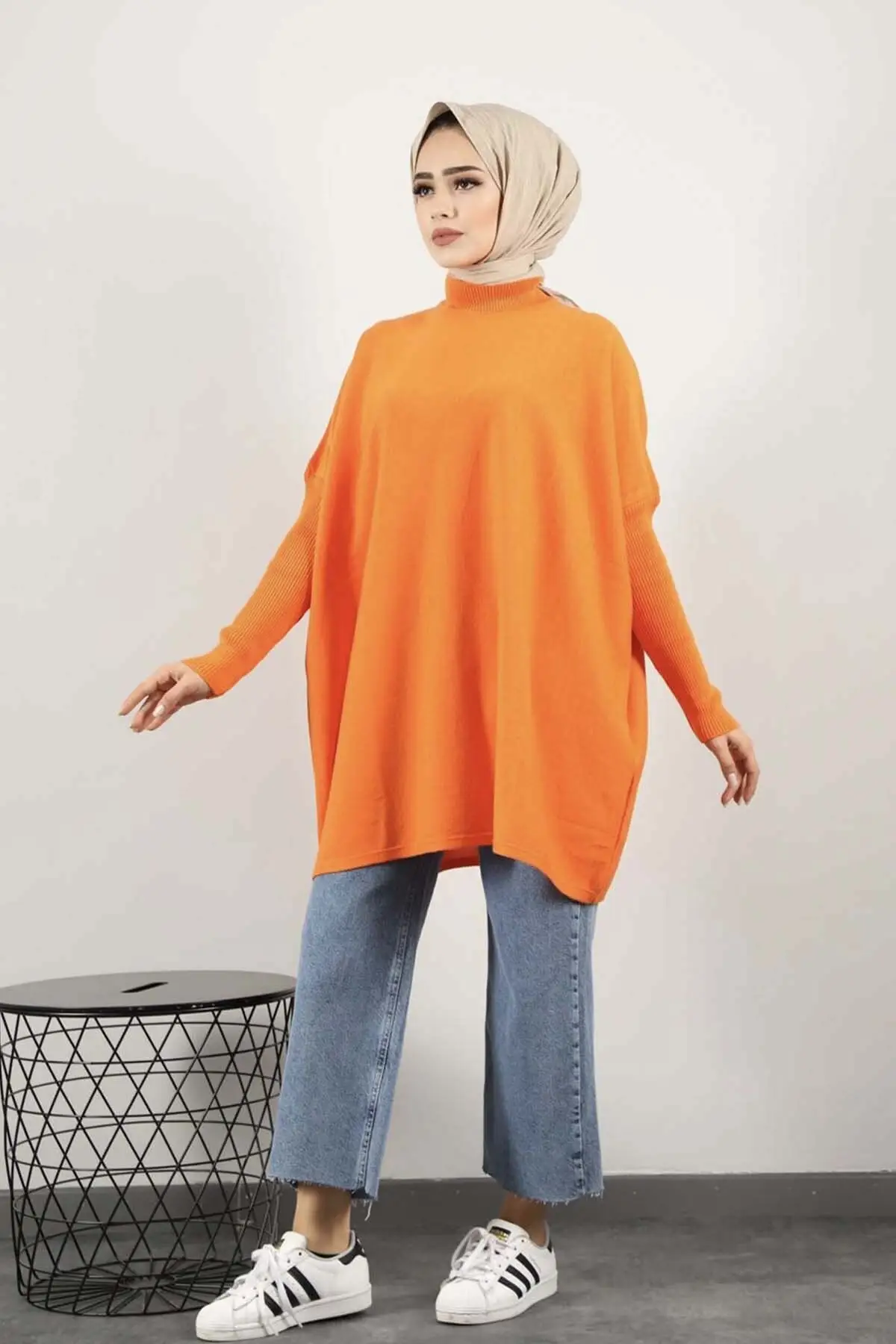 Women's Orange Half Turtleneck Knitwear Panço Pullover Tunic Long Plain Hijab Blouse & Clothing