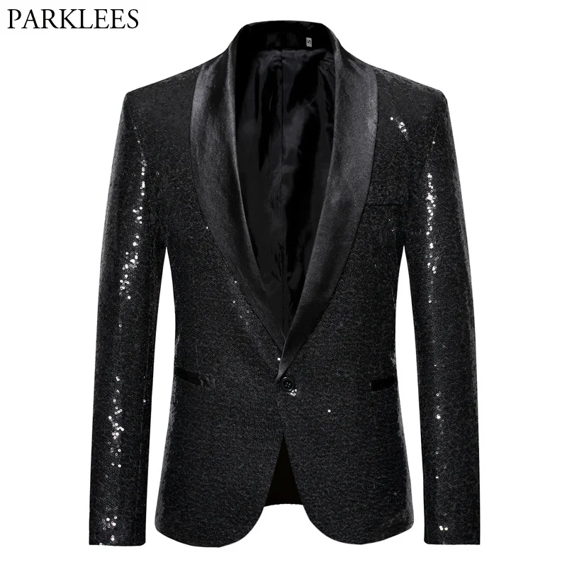 

Black Sequin One Button Sawl Collar Suit Jacket Men Blin litter Nitclub Prom DJ Blazer Jacket Men Stae Clotes for Siners