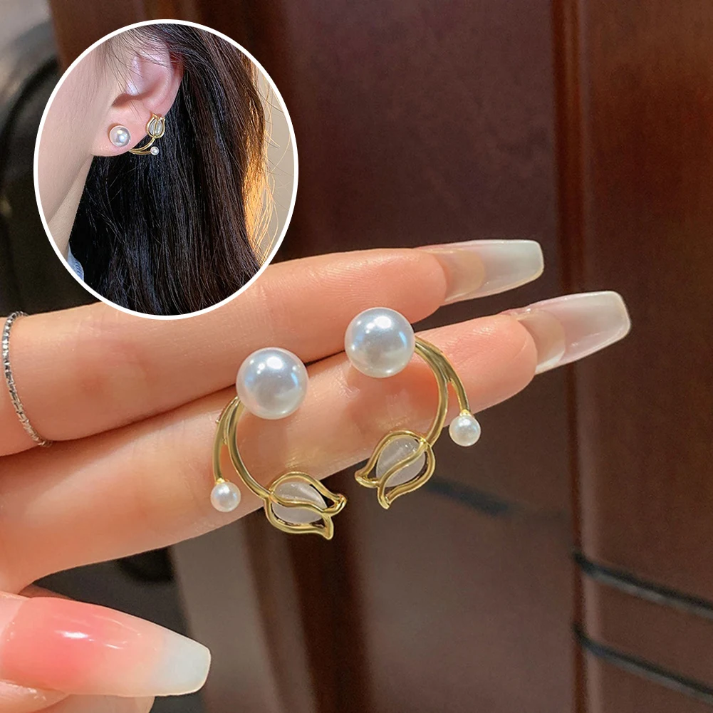 

French Simple Tulip Pearl Stud Earrings For Women Fashion Elegant Flower Earrings Wedding Party Girls Jewelry Accessories