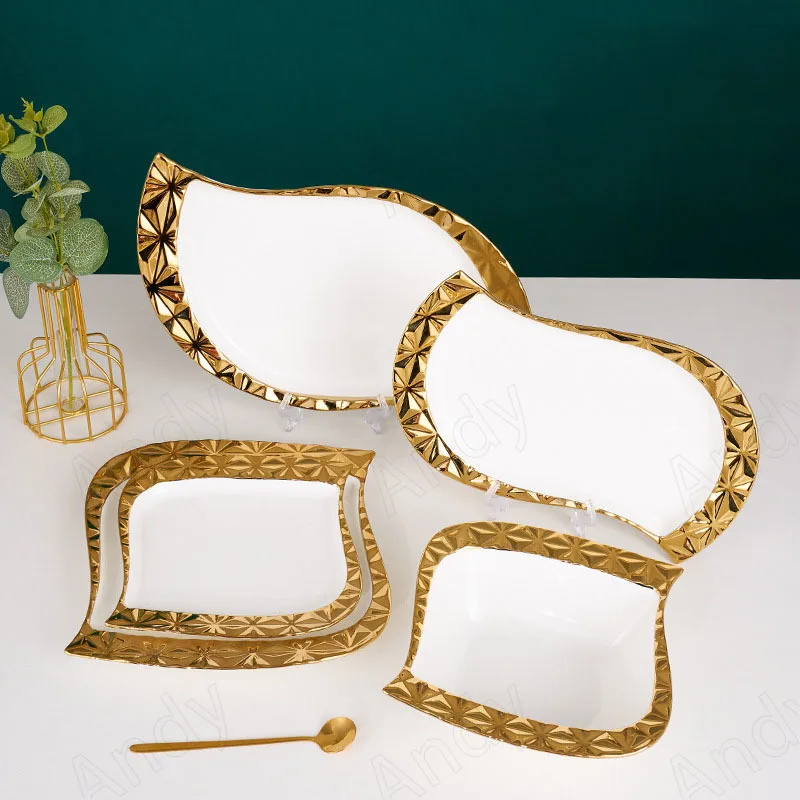 

Gold Stroke Ceramic Plate Set modern art irregular decor Western restaurant steak dish afternoon tea desktop Fruit Salad Plates