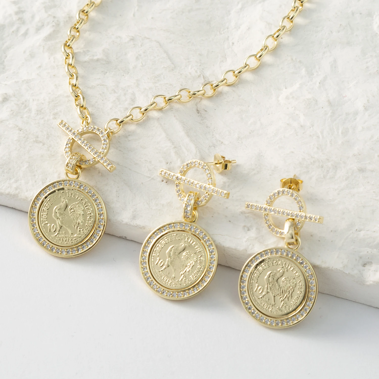 Новинка 2023 Модный женский комплект ювелирных изделий из монеты петуха