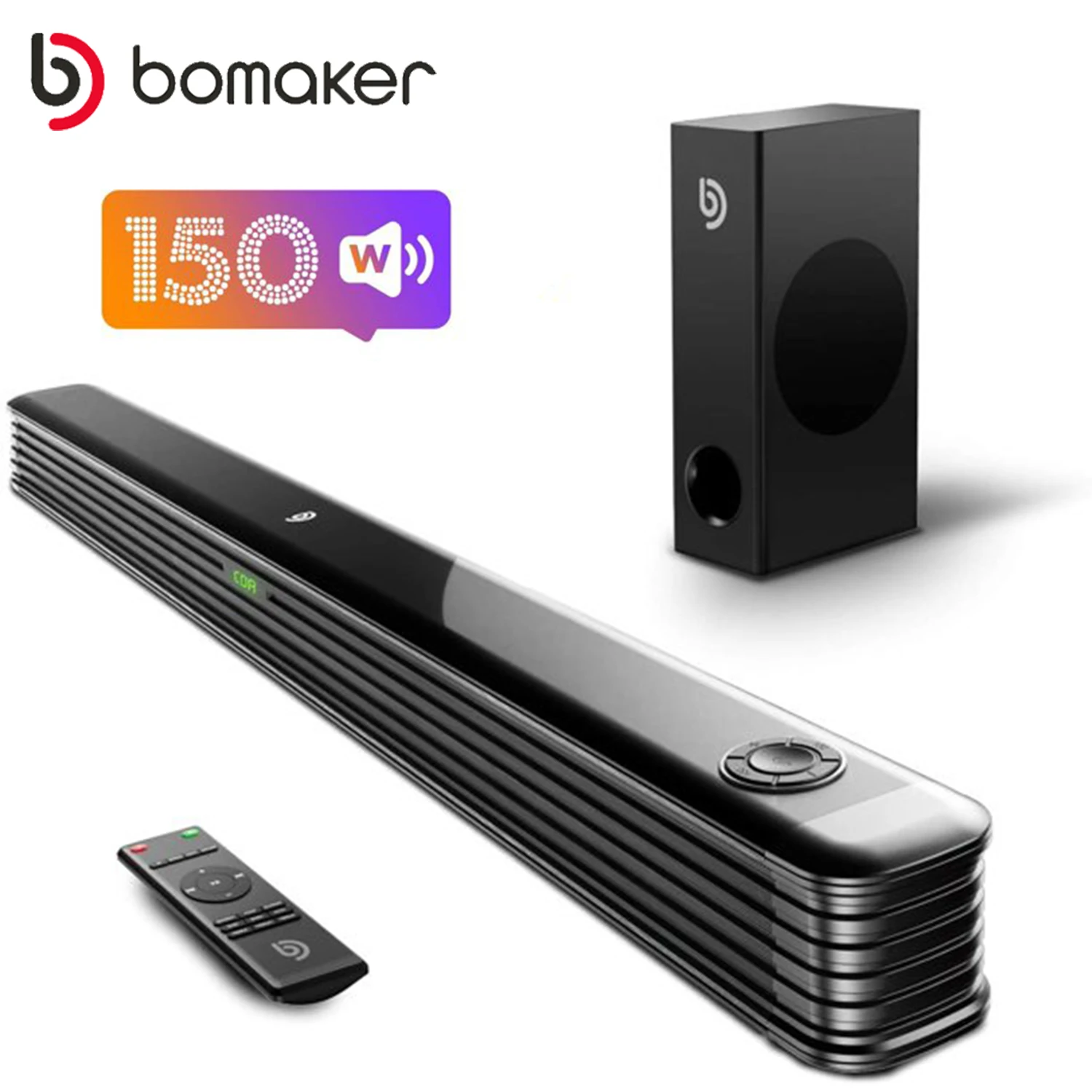 

BOMAKER 150W 2.1 Soundbar Home Theater Sound System Bluetooth Speaker SoundBar with Subwoofer Support Optical AUX Coaxial USB