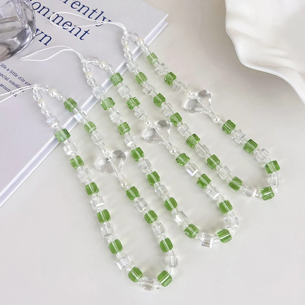 

Green Block Love Heart Mobile Phone Chain Lanyard Women Wrist Short Cellphone Charm Phone Jewelry Accessories Telephone Pendant