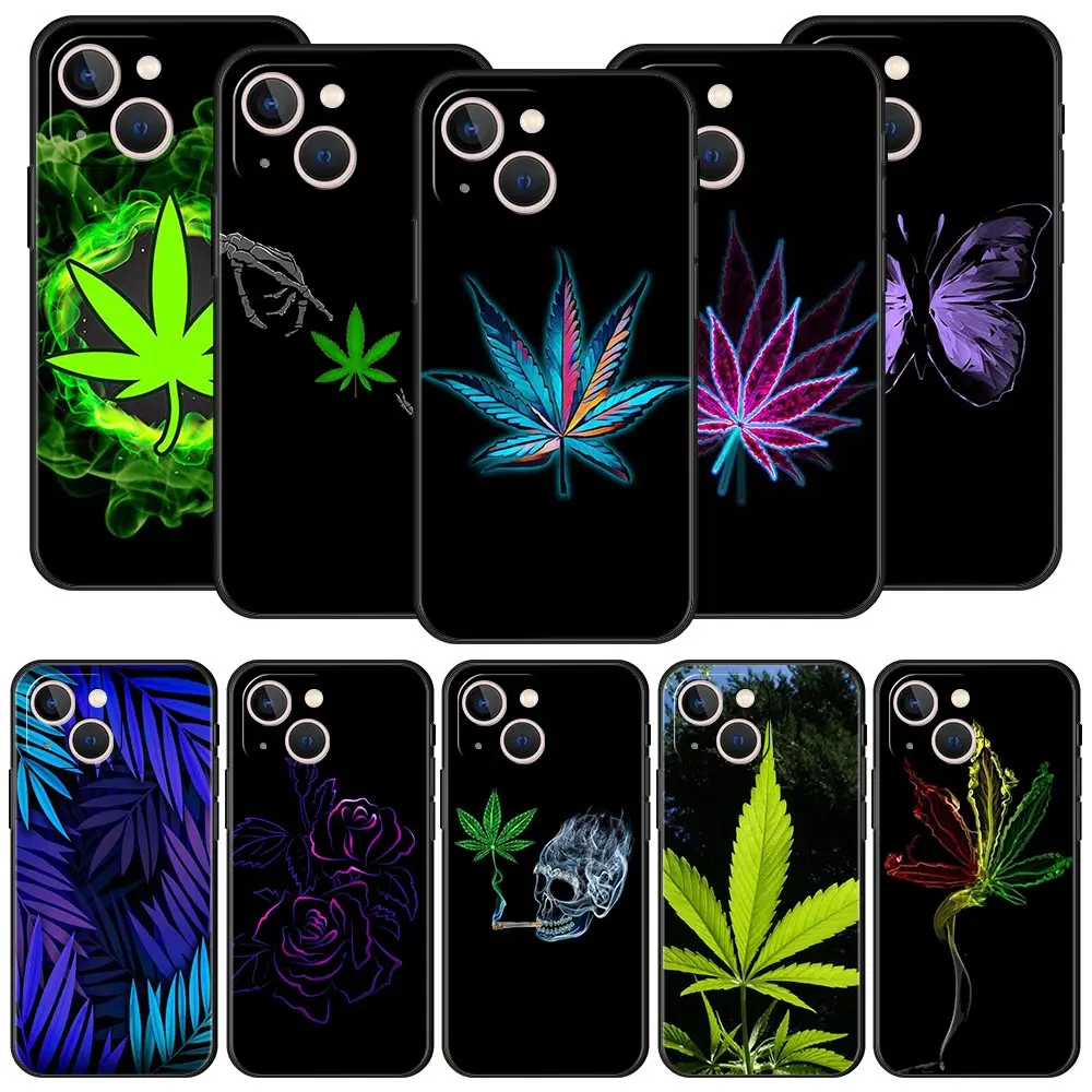 

Cannabis Leaf Weed Art Fashion Luxury Phone Case For iPhone 11 12 13 Pro Max Mini X XR XS 7 8 Plus SE 2020 Silicone Black Cover