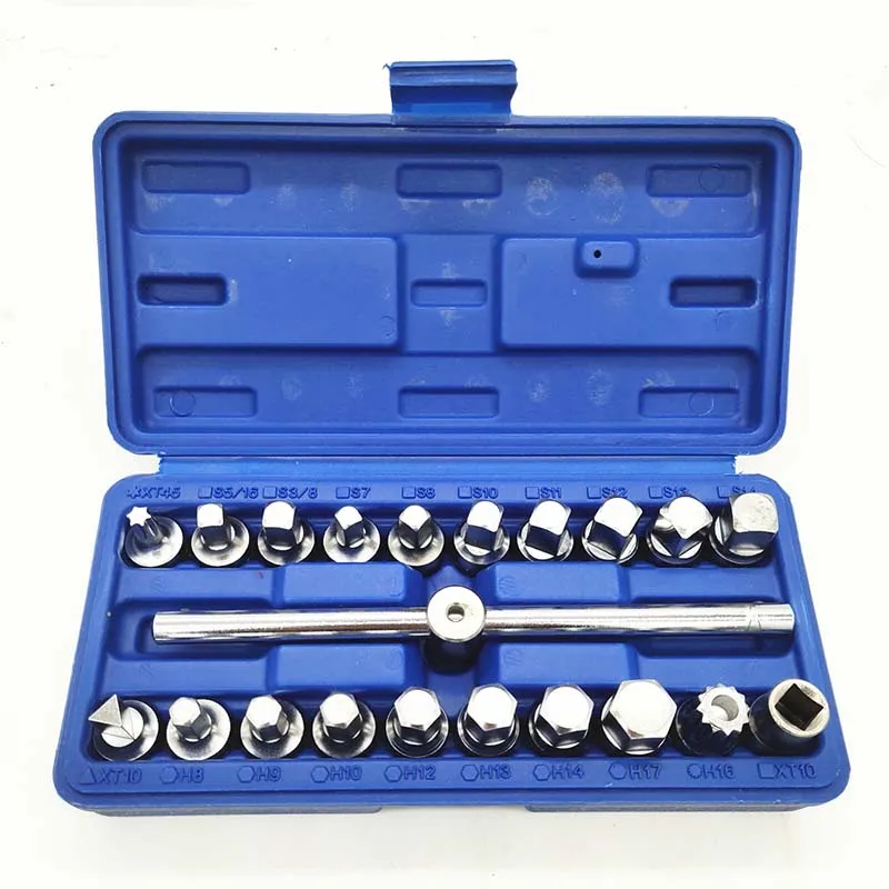 

21PCS Oil Drain Pipe Plug Socket Set Oil Pan Screw Sleeve Wrench 3/8-Inch drive Sliding T-bar Removal Kit