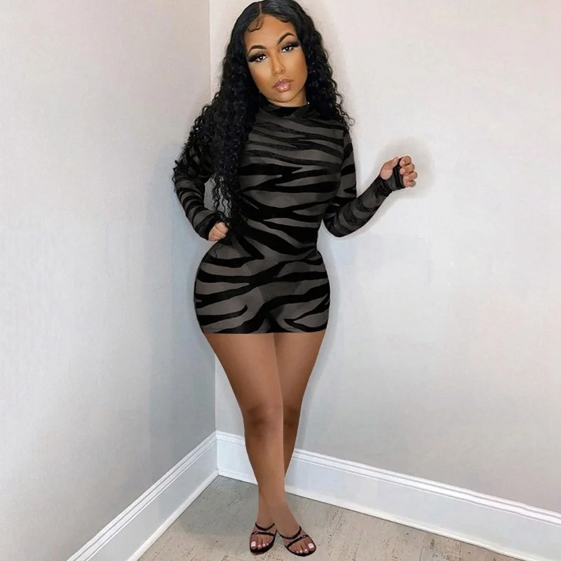 

Znaiml 2022 Bodycon Dress Long Sleeve Tight Dresses For Women ClubWear Night Sexy See Through Sheer Mesh O-neck Vestidos New