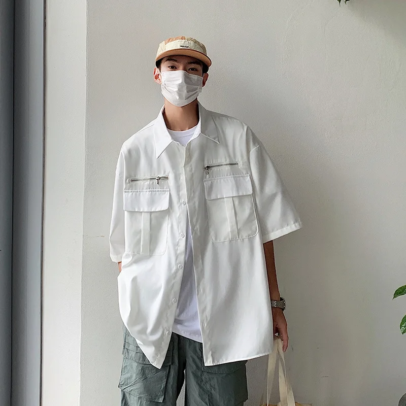 

Summer Short Sleeve Shirt Men Fashion Retro Pocket Shirt Men Japanese Streetwear Loose Zipper Shirts Mens Black White Shirt