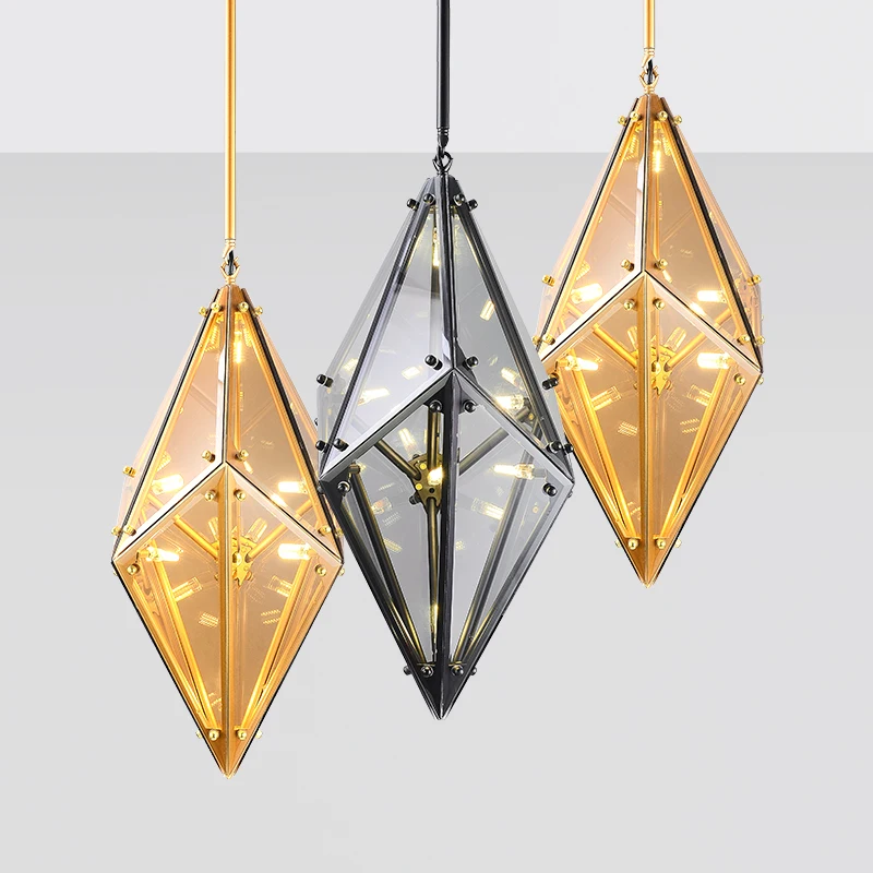 

Modern Amber Smoky Gray Glass Pendant Light G4 bulbs Diamond hanging lamp living room Restaurant deocoration