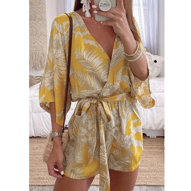 

Leaf Print White Playsuit Batwing Sleeve Rompers Overalls Summer 2022 New Sash Wide Leg Beach Boho Playsuit