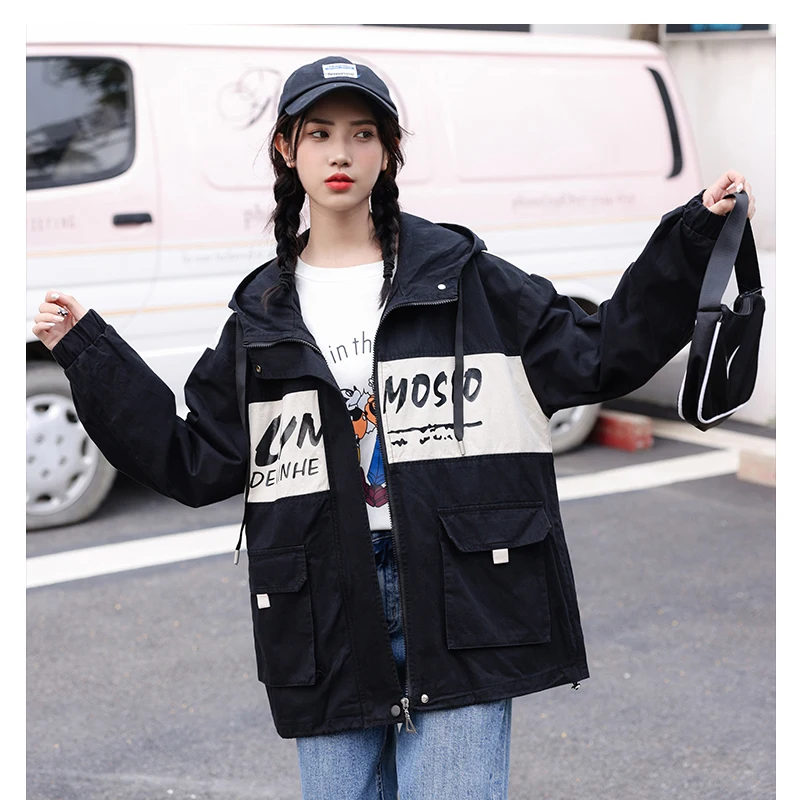 

Women's Wear Baseball Uniform Black Hooded Coat Fashion Loose Contrasting Colors Zipper Drawstring Baggy Girl Tops Winter