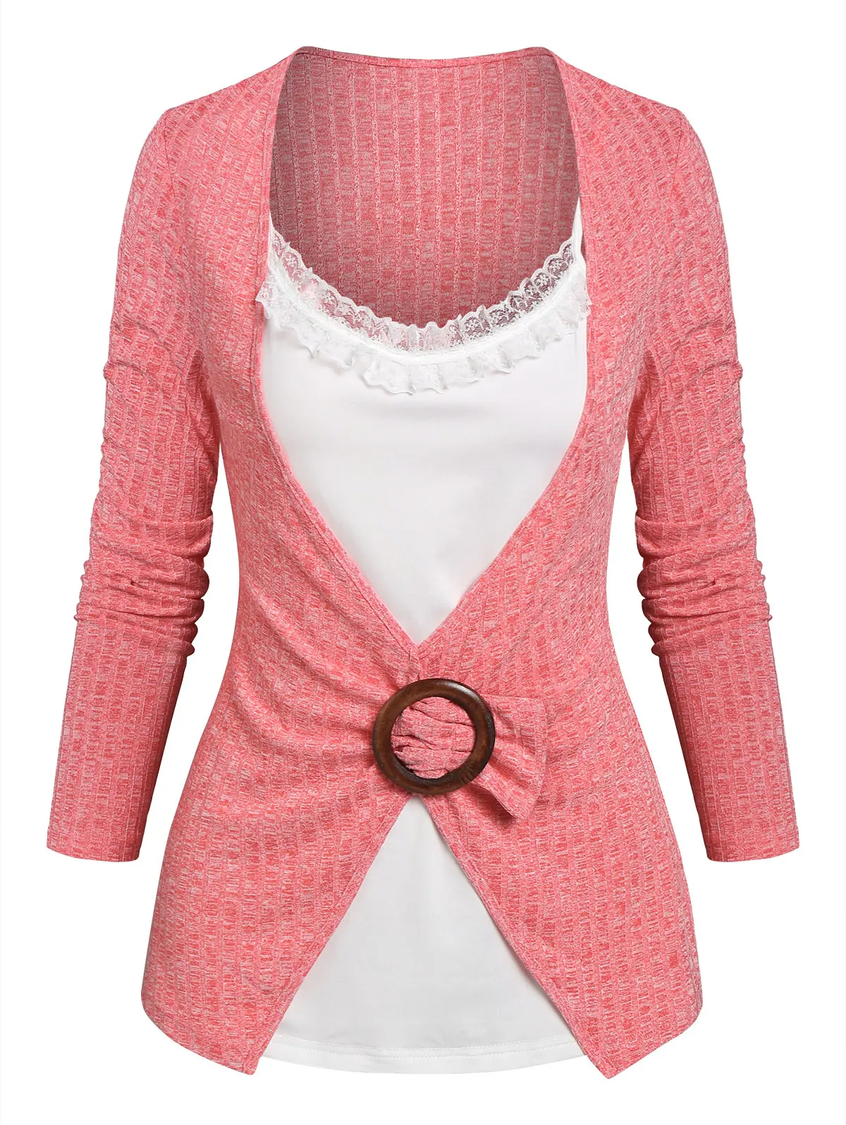 

2 In 1 Sweater Lace Insert Ribbed Faux Twinset Knitwear Double Fabric T-Shirts Casual Office Ladies Work Tees New 2022