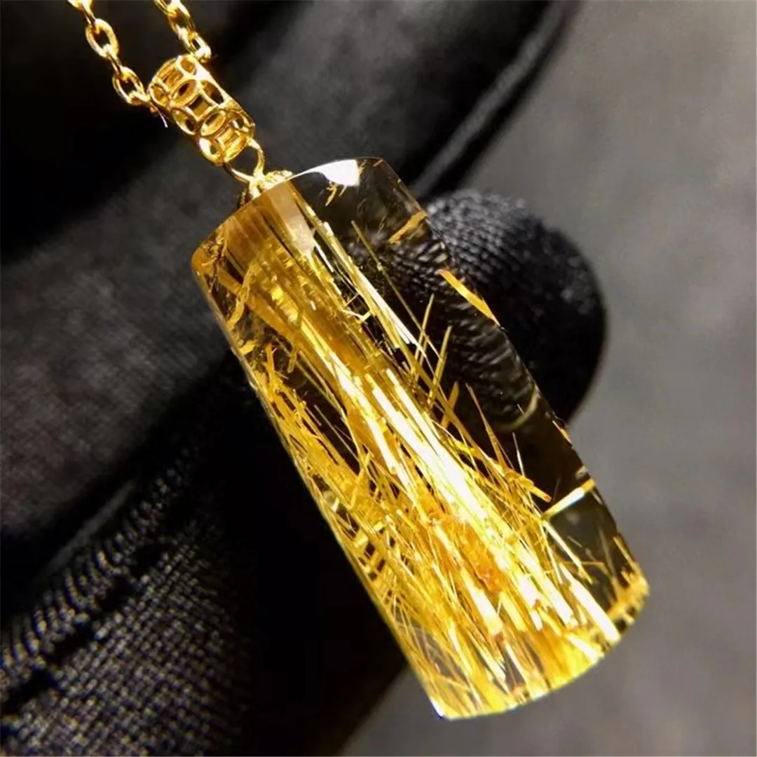 

Natural Gold Rutilated Quartz Pendant Necklace 18K Gold For Woman Man Wealth Gift 23x10x6mm Beads Beauty Crystal Jewelry AAAAA