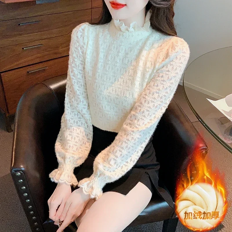 Модная женская блузка с длинным рукавом бархатная утолщенная кружевная рюшами