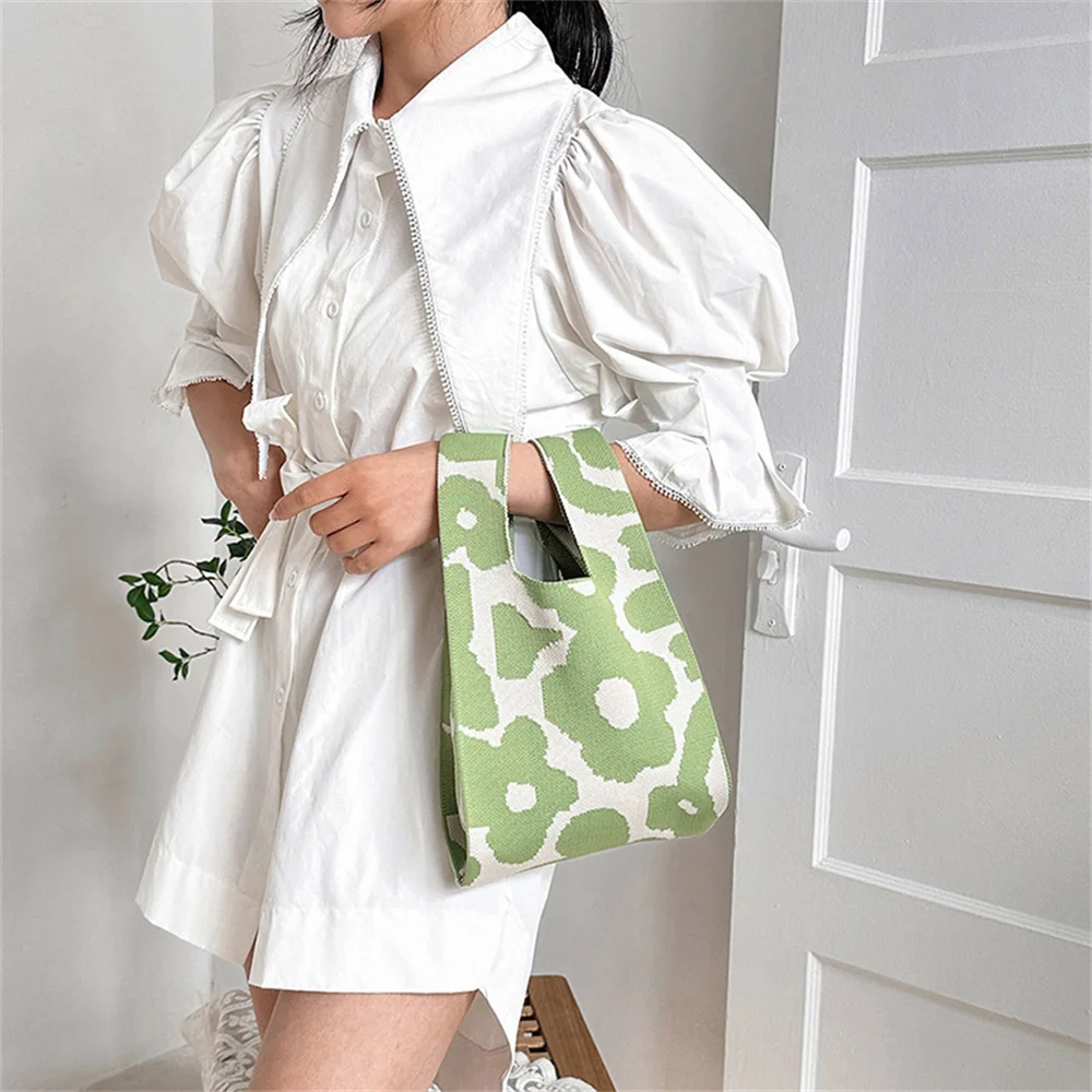 Women New Flower Knitted Handbag Fashion Handmade Shoulder Bag Lady Leisure Tote Bag Japanese Student Reusable Shopping Bags