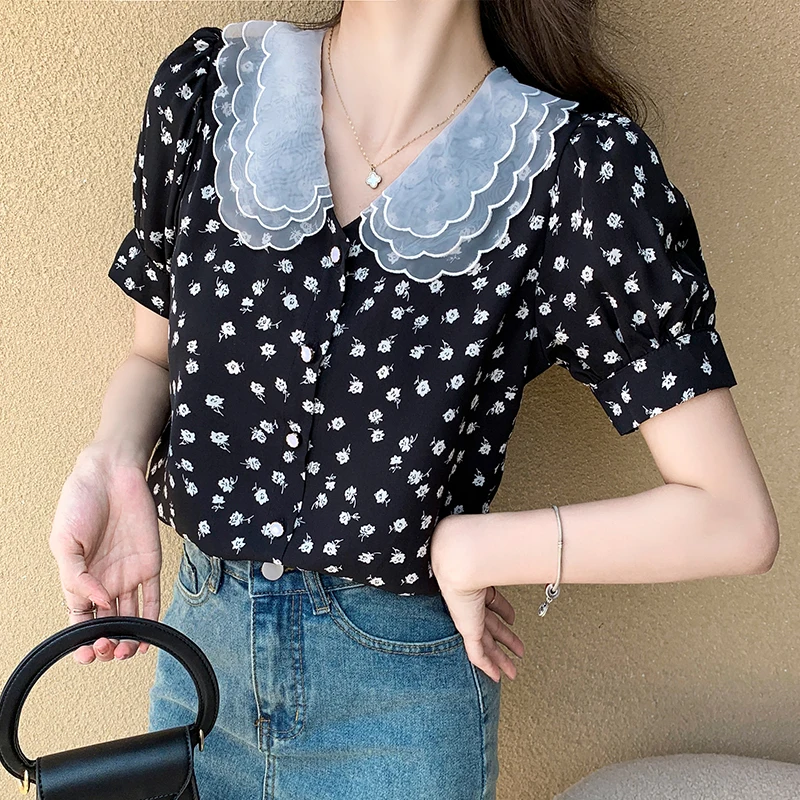 Женская винтажная блузка с коротким рукавом милый цветочный топ в стиле