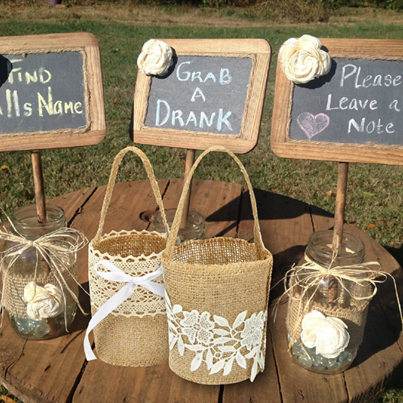 

Wedding Flower Girl Basket Vintage Rustic Style Bowknot Wood Heart Design Burlap Hessian Wedding Flower Basket