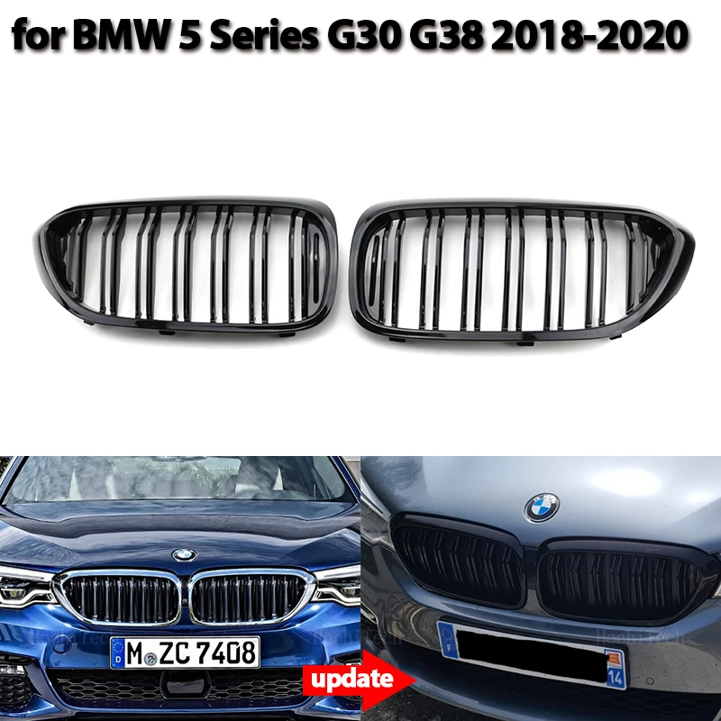 

2Pcs Car Style Gloss Black Front Kidney Double Slat Grill Grille for BMW 5 Series G30 G38 2016-2019 Grille 2 Line Double Slat