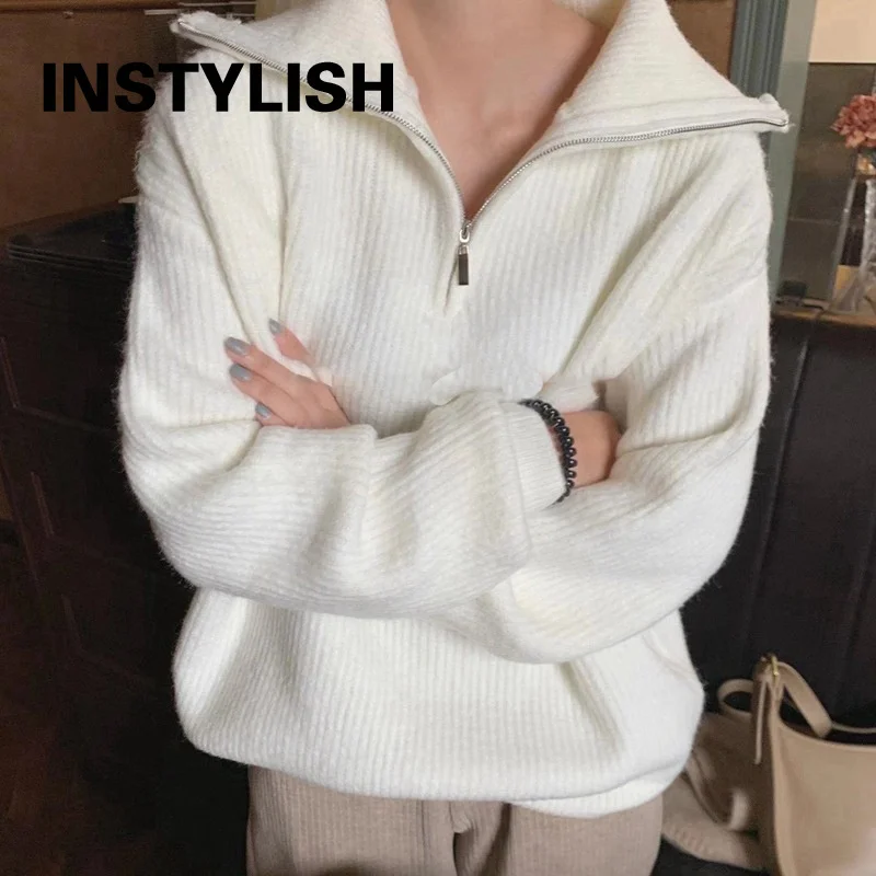 

Korean Fashion turtleneck Sweater Elegant Zipper Oversized Vintage Ribbed Pullover Fall Winter Thick Warm Loose Knitting Jumper
