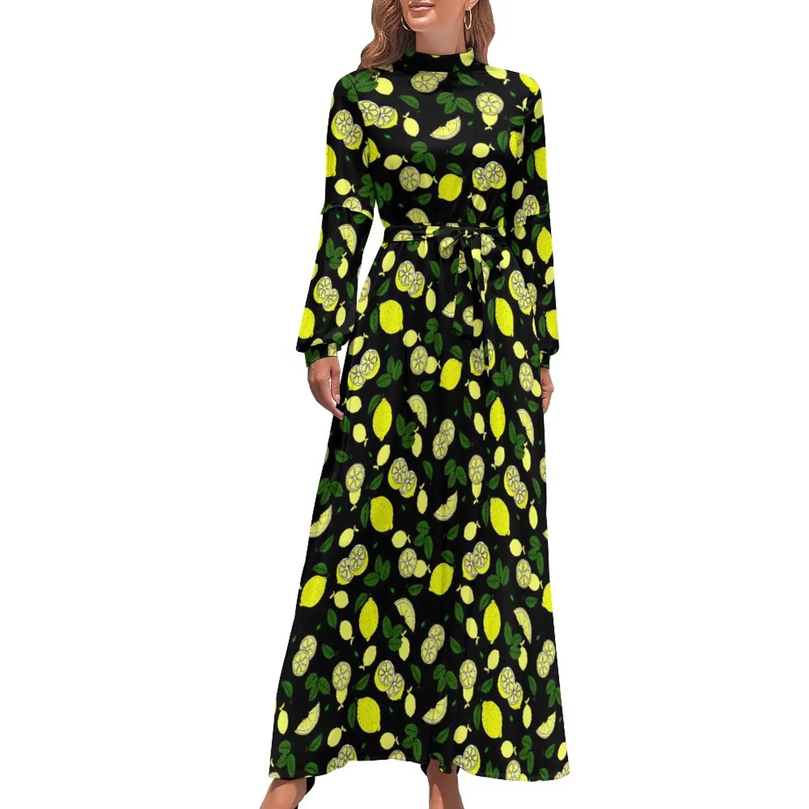 

Lemons Leaf Dress High Waist Fruit Print Design Boho Beach Dresses Long Sleeve Streetwear Long Maxi Dress Kawaii Clothing