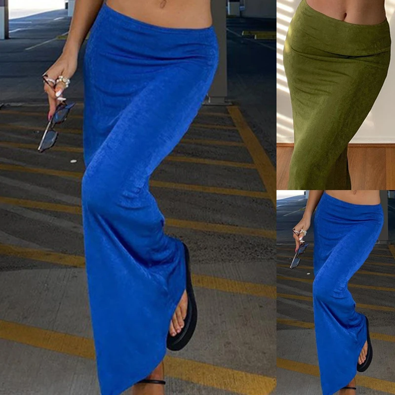 

Y2K Vintage Midi Skirt High Waist Skinny Women Caual Blue Green Pencil Bodycon Skirts Elegant Lady Fashion Streetwear Summer