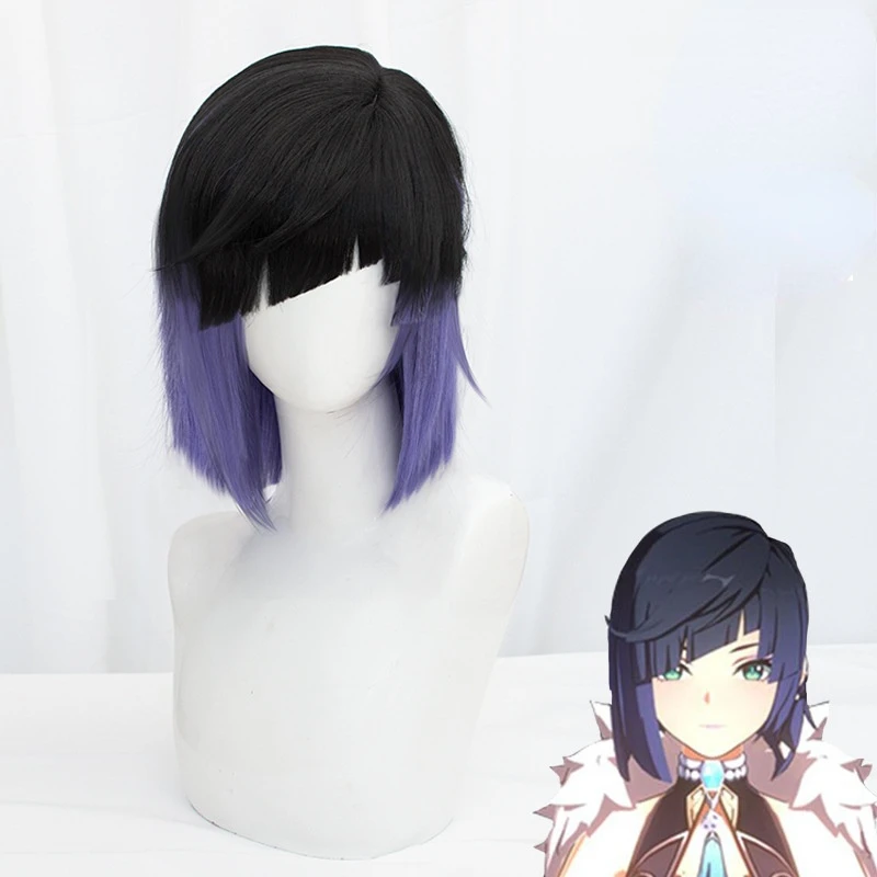 

Genshin Impact Yelan Wig Cosplay Synthetic Purple Black Gradient Short Hair Adult Women Men Free Wig Cap Halloween