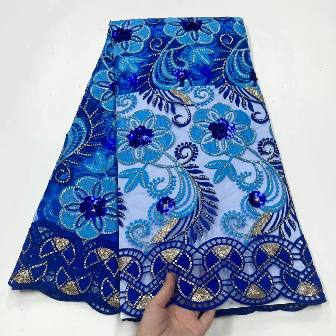 

Blue French Lace Sequins Tulle Embroidery Fabric Quality Net Garment For Wedding Dress