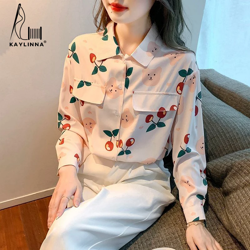 KAYLINNA Autumn 2022 New Anime Printing Blouse Women Casual Shirts Long Sleeves Woman Blouses Chiffon Shirt Tops Womens Clothing