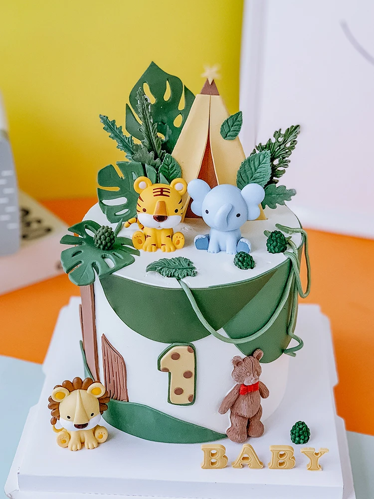 Sen Department Animal Theme Happy Birthday Decoration Toys Cake Topper Tiger Lion Elephant Doll Ornaments Dessert Table Dress Up