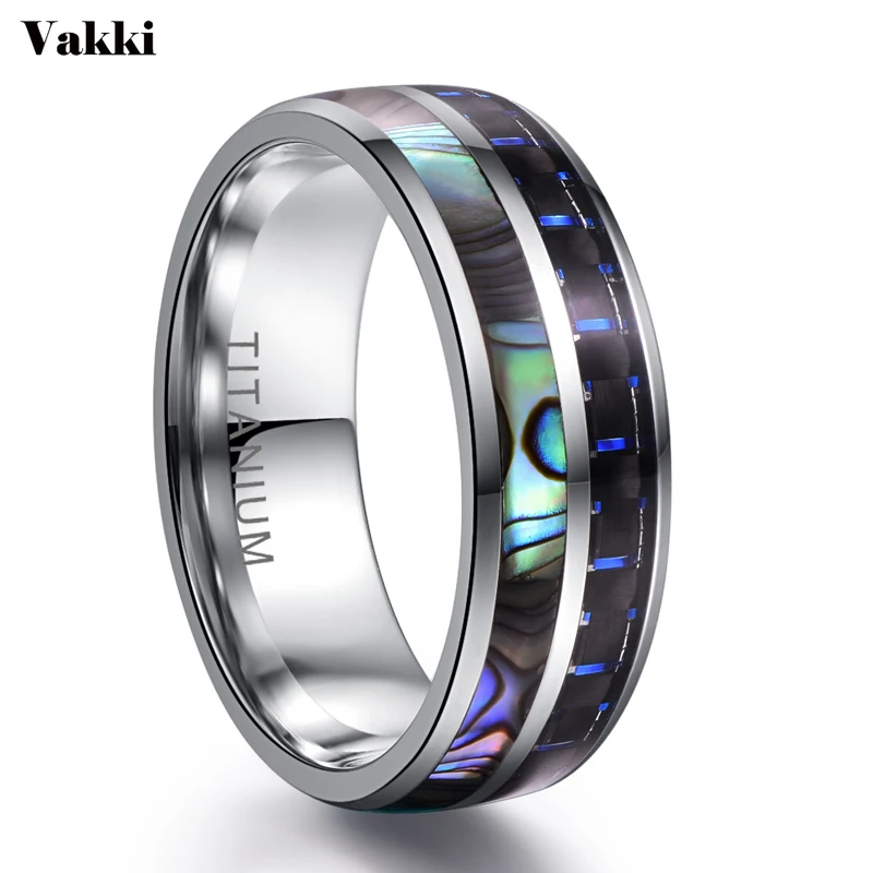 

VAKKI 2019 New Trendy Natual Abalone Shell Men's Stainless Steel Ring 8MM Silver Color Dome Black Blue Carbon Fiber Ring