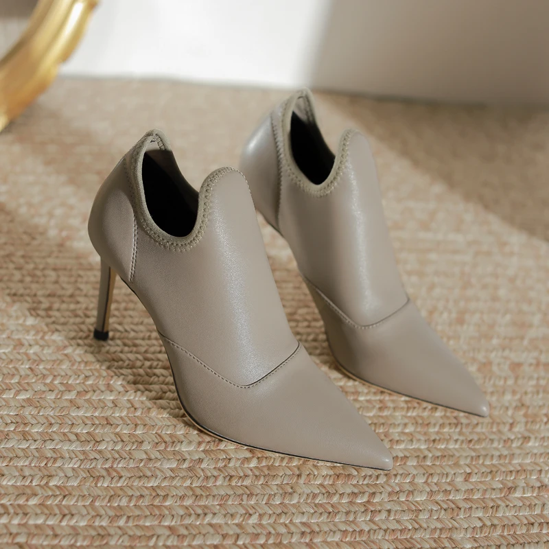 

2022 Autumn and Winter New Pointed Toe Stiletto Elastic Ankle Boots Simple Leather All-match High-heeled Women's Boots