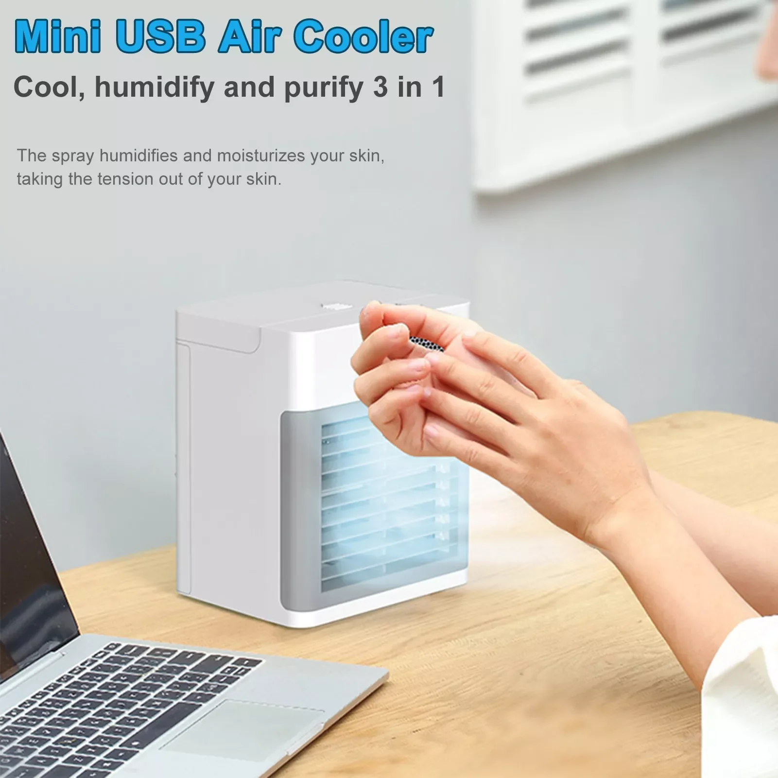 

Миниатюрный USB-вентилятор, портативный кондиционер для личного пользования, маленький увлажнитель воздуха с носветильник щением, 3 скорост...