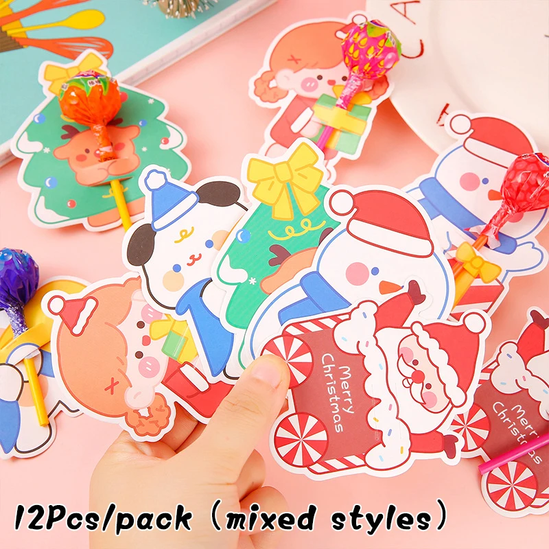 

12Pcs Christmas Cartoon Snowman Tree Santa Lollipop Cards For Xmas DIY Lollipop Gift Package Decor Party Decor Kid Gift Supplies