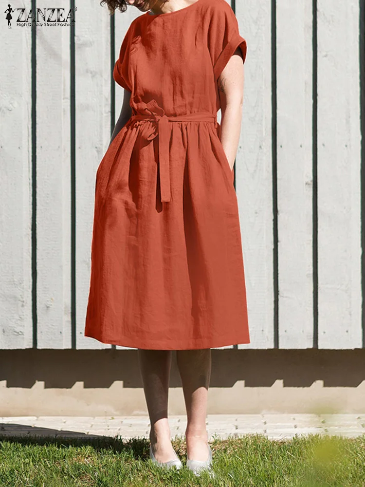 

Elegant Women O Neck Short Sleeve Solid Knee-length Dress ZANZEA Fashion Summer Sundress Office A-line Vestidos Party Dresses
