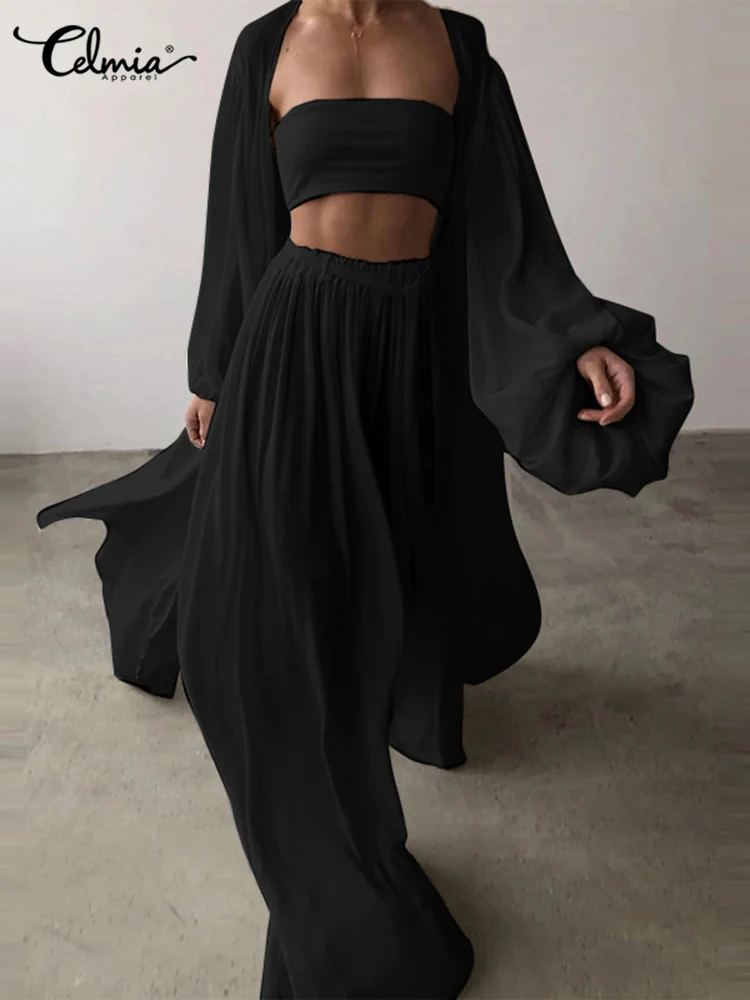

Celmia Fashion Women Pant Sets 2022 Casual Loose Long Puff Sleeve Cardigan Kimono and Elastic Waist Pant Suits Baggy 2 PCS Sets