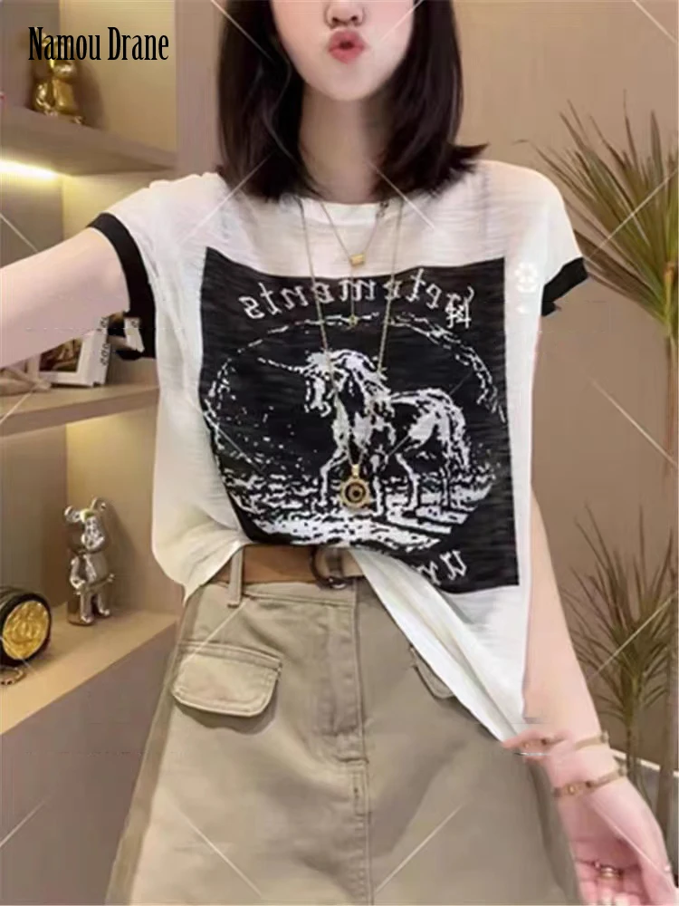 

Namou Drane 2022 New Vintage Patchwork Short Sleeve Linen Knitwear Women's Modern Loose Jacquard Embroidery Short Sleeve Trend